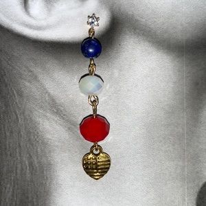Patriotic Red White Blue Long Dangling Earrings on Cubic Zirconia Stud Post